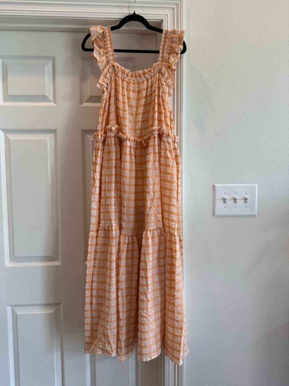 MARBLE Peach and White Smocked Strap Maxi Dress